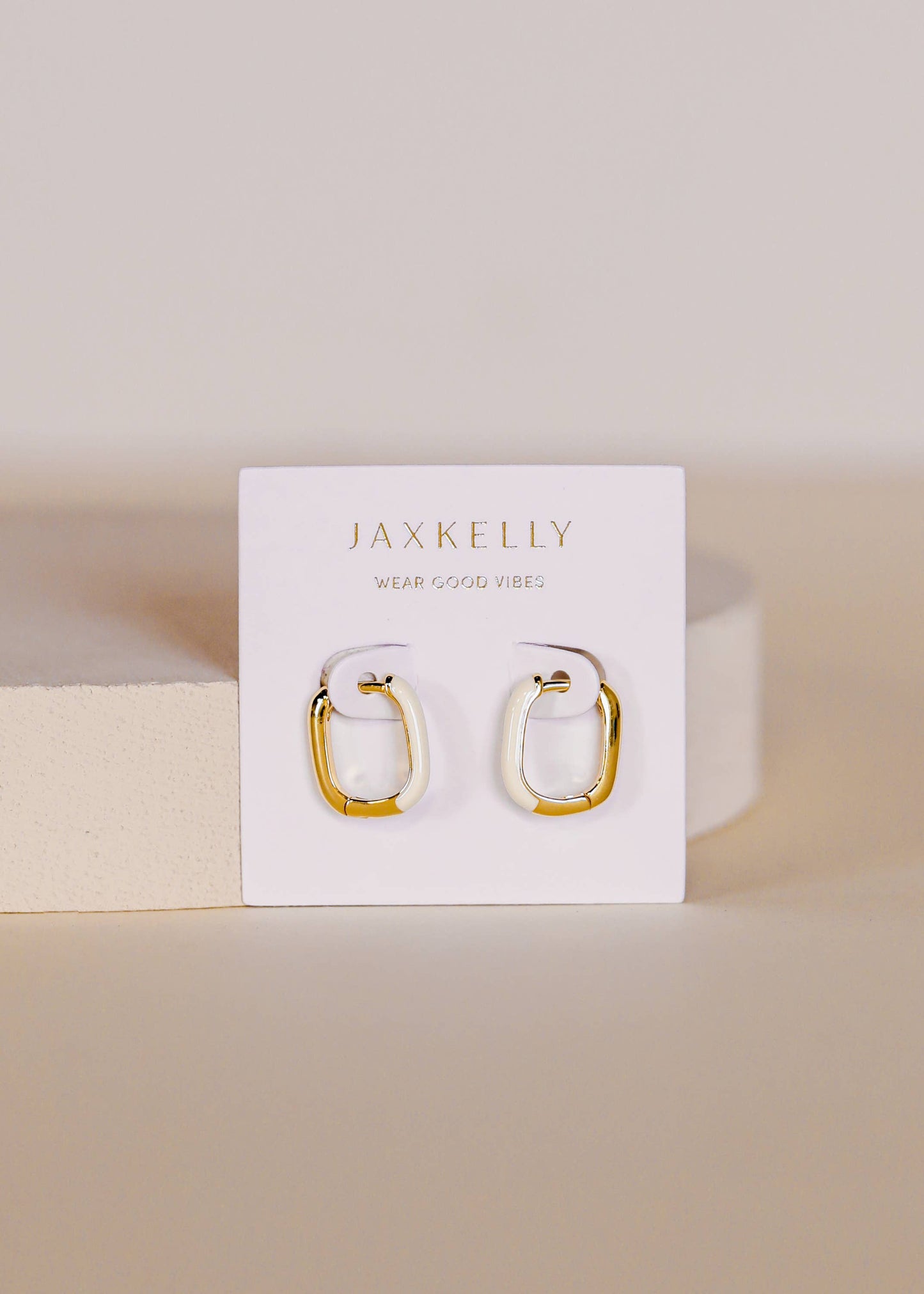 Color Dipped Rectangle Hoop Earrings - Cream Enamel