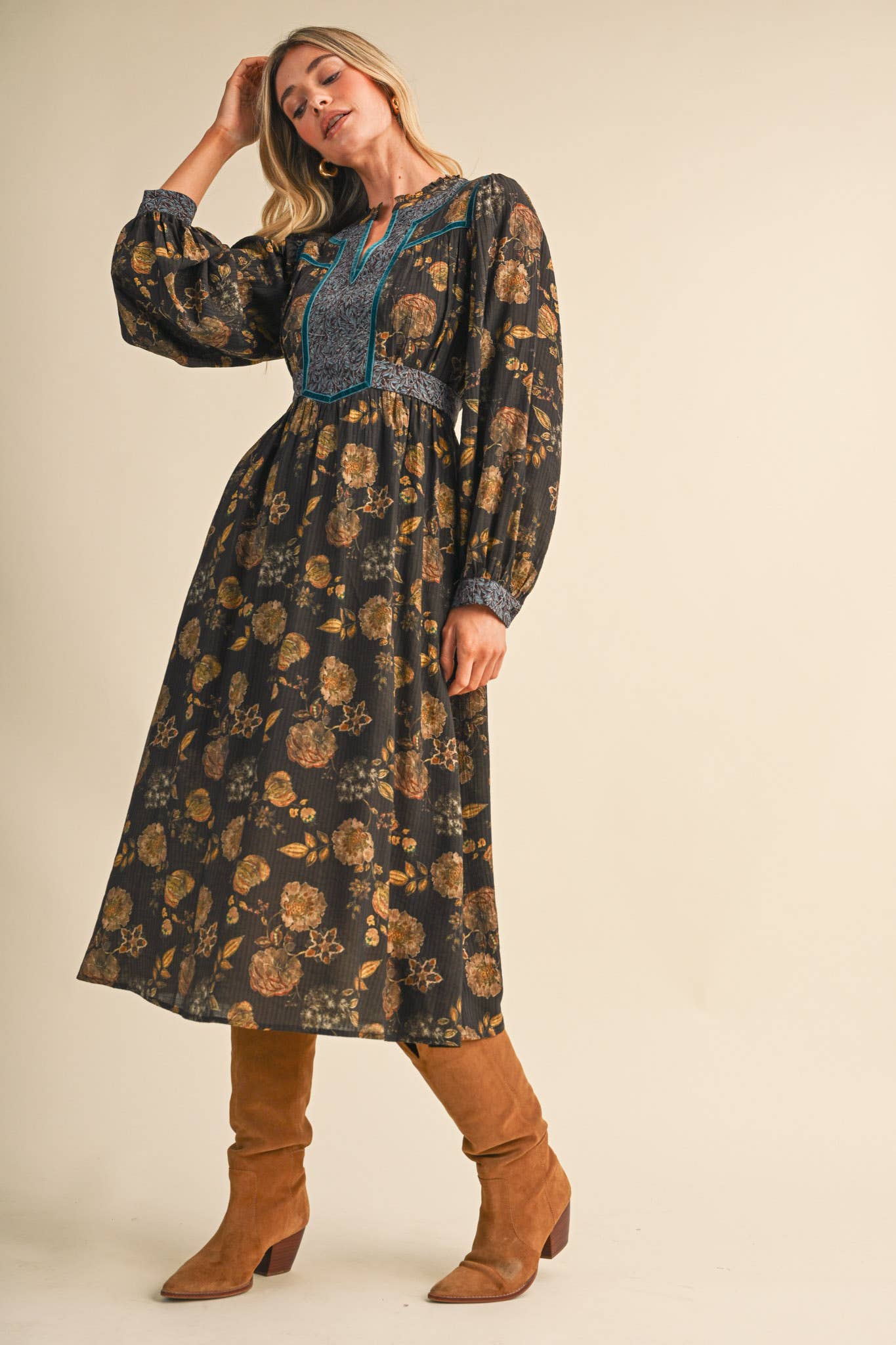 FLORAL PRINT CONTRAST VELVET TRIM MIDI DRESS MDR5304