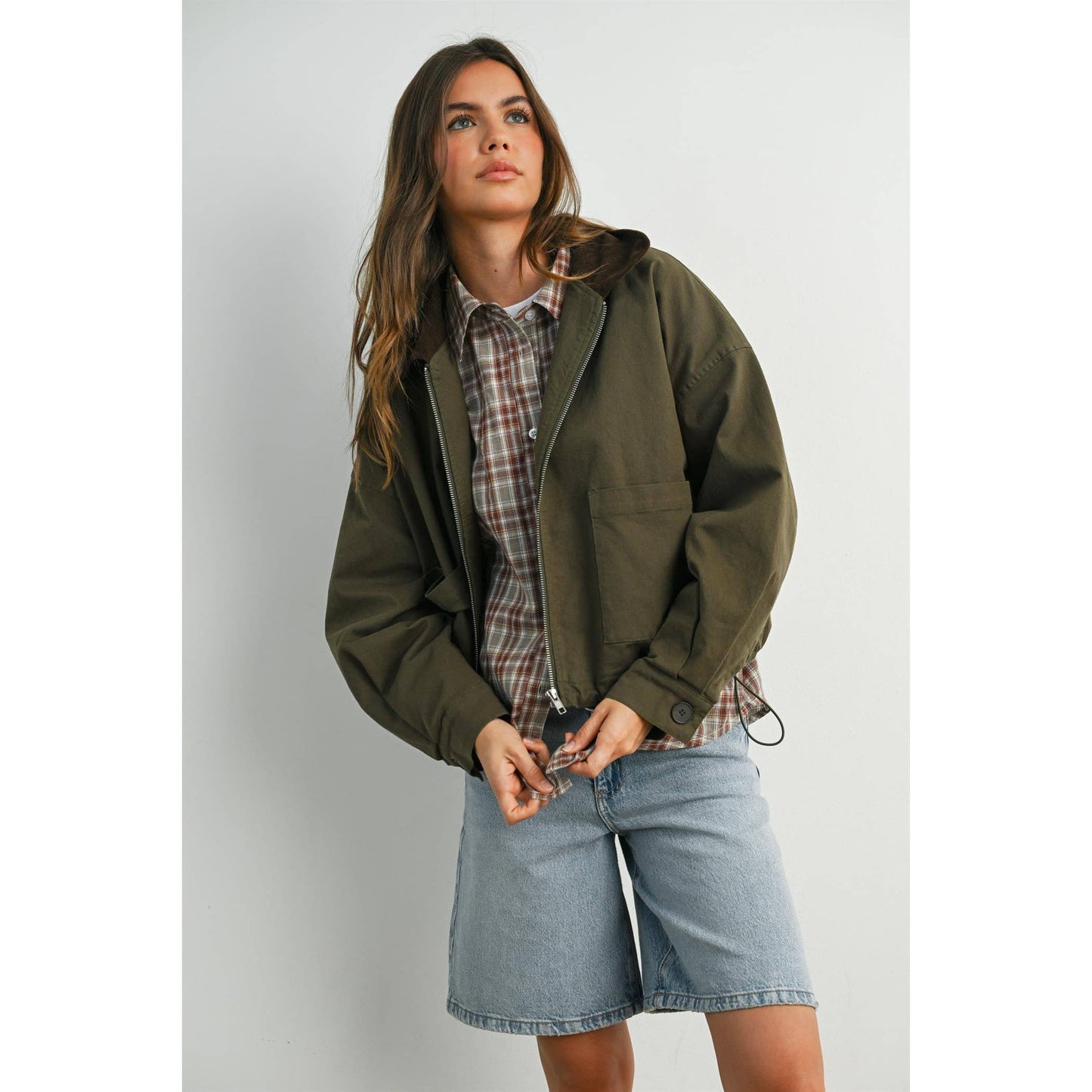 Collared Zip-Up Drawstring Jacket
