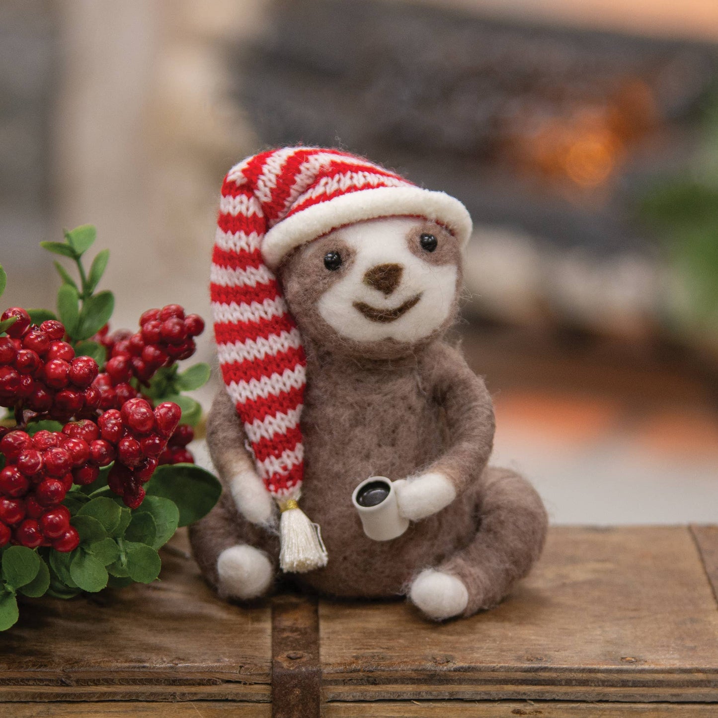 Sloth with Coffee Felted Ornament