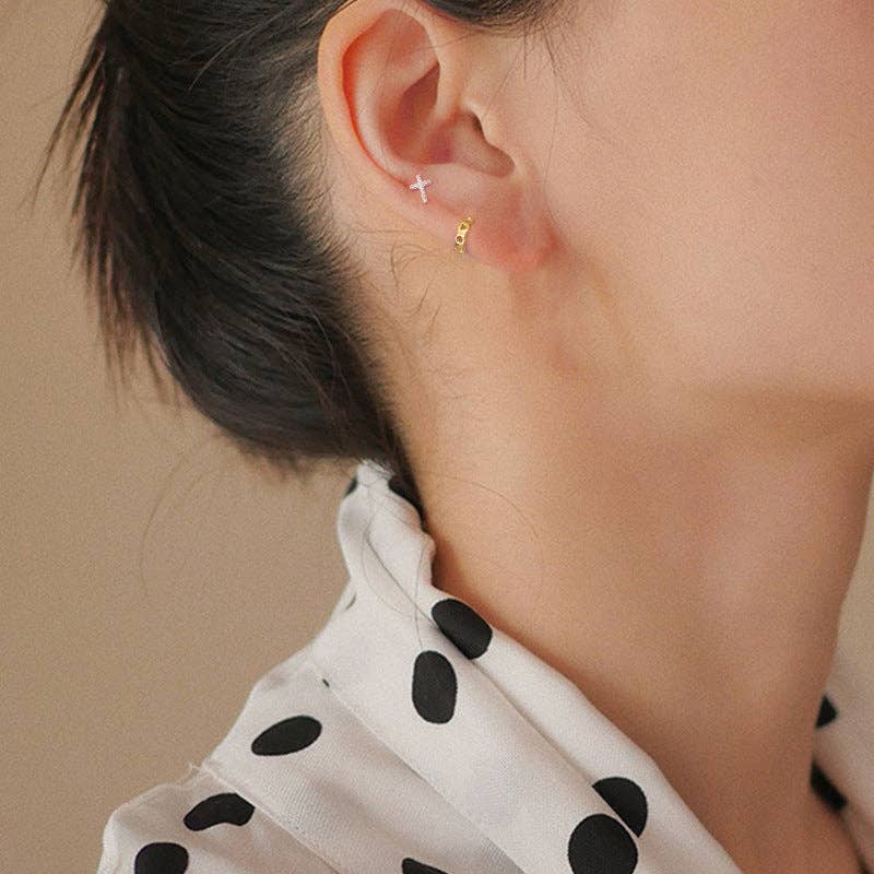 Dainty Gold Cross Tiny Stud Earrings in 925 Sterling Silver