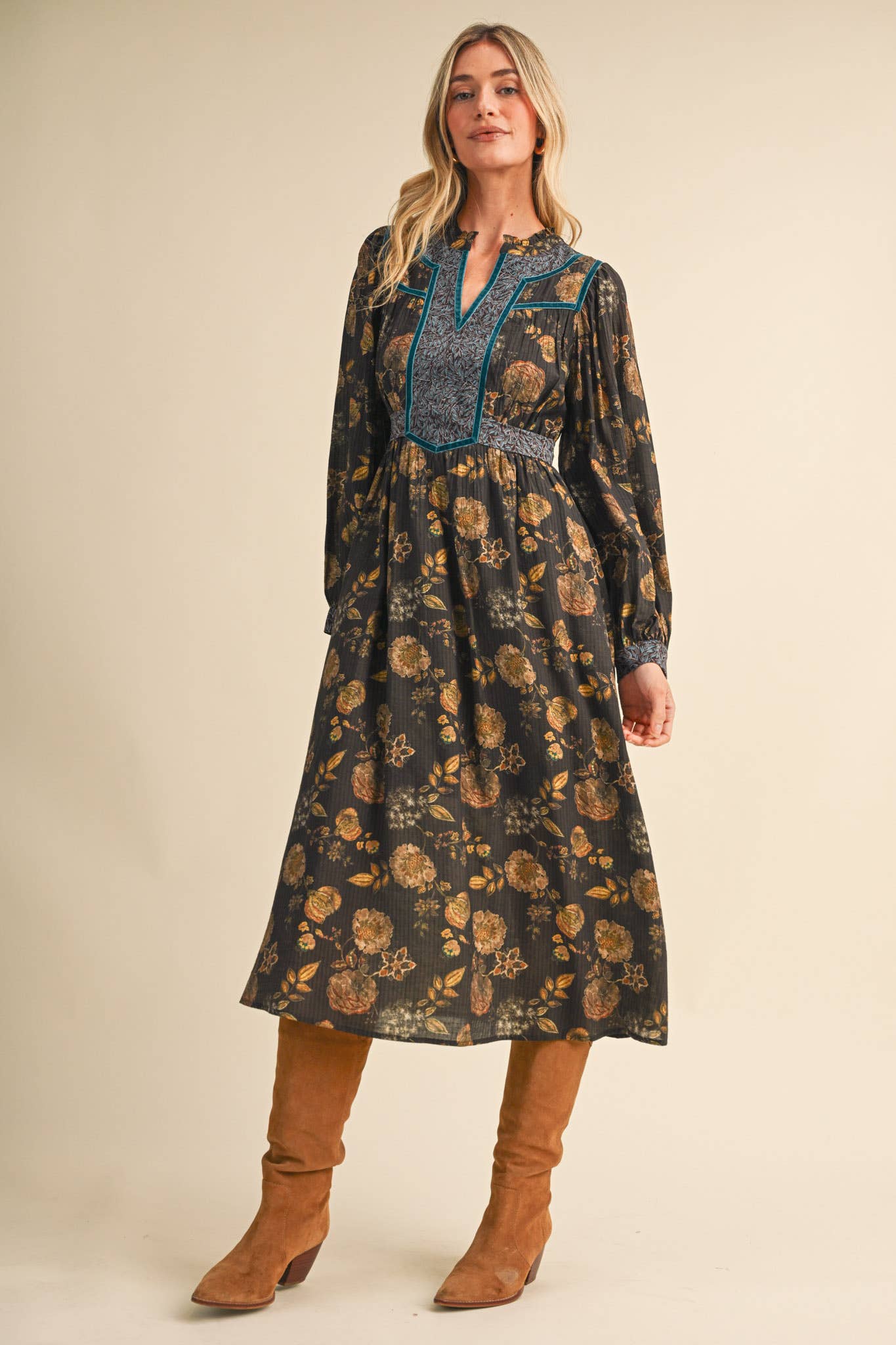 FLORAL PRINT CONTRAST VELVET TRIM MIDI DRESS MDR5304