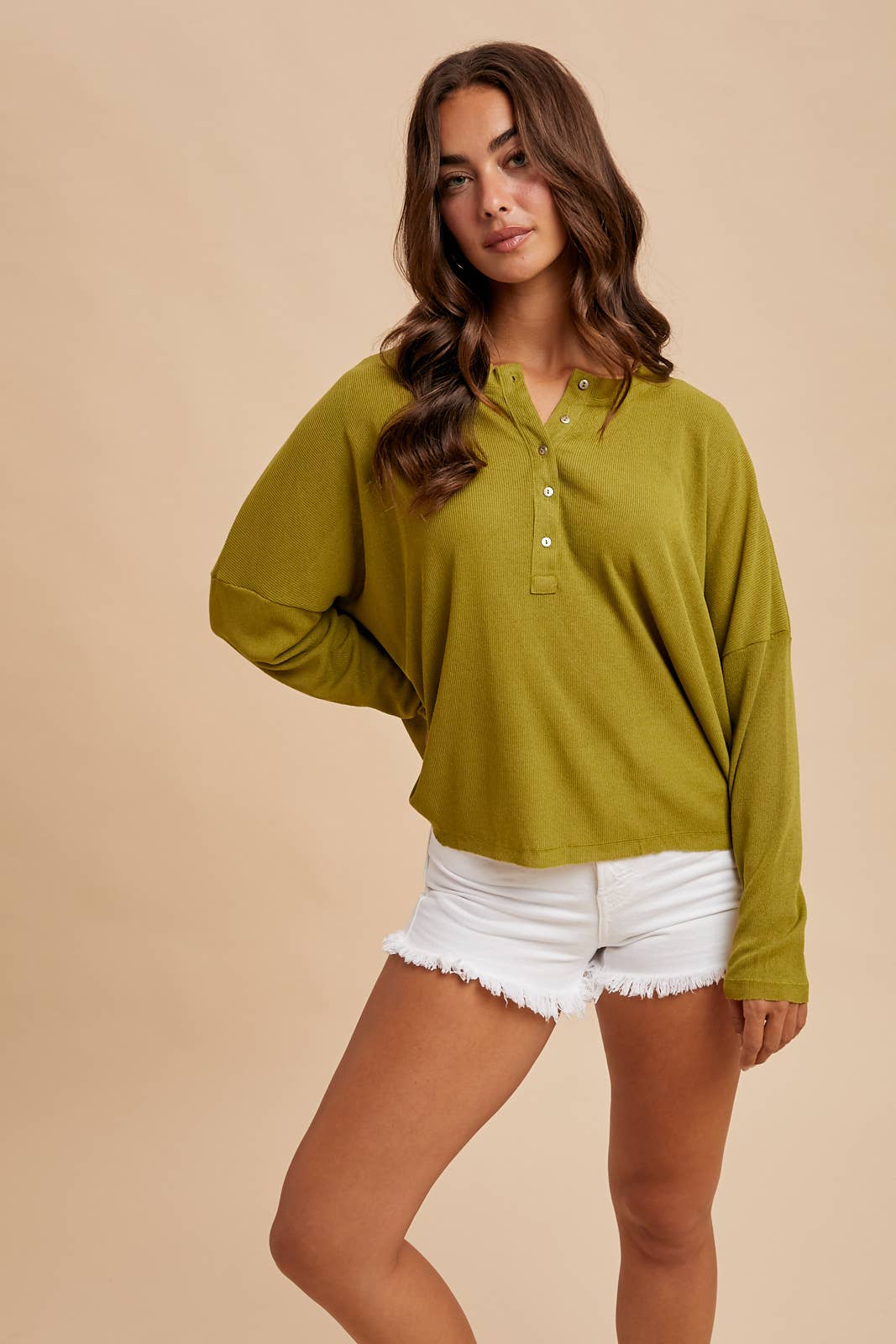 LONG SLEEVE HENLEY TOP WITH RAW EDGE HEM