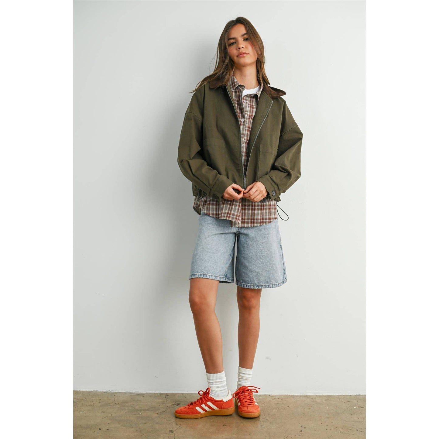 Collared Zip-Up Drawstring Jacket