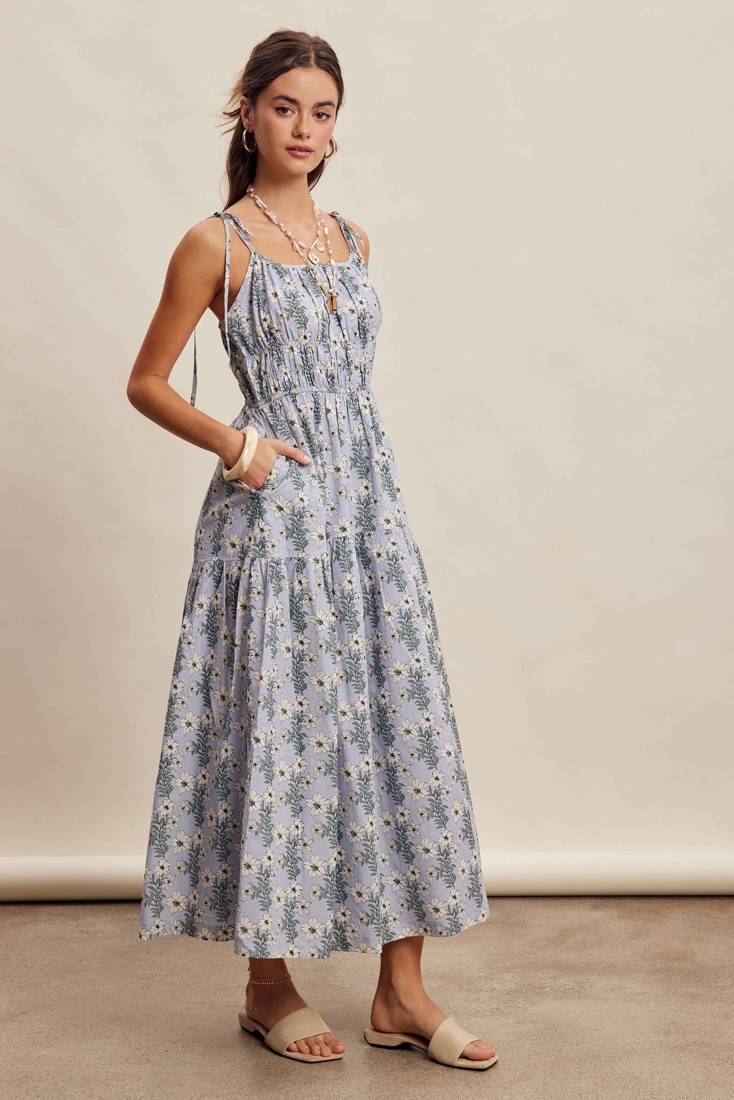 Floral Tie-Strap Smocked Maxi Dress LD1623