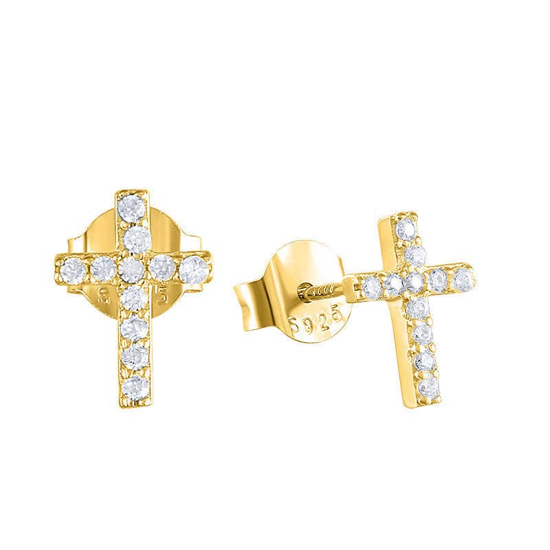 Dainty Gold Cross Tiny Stud Earrings in 925 Sterling Silver