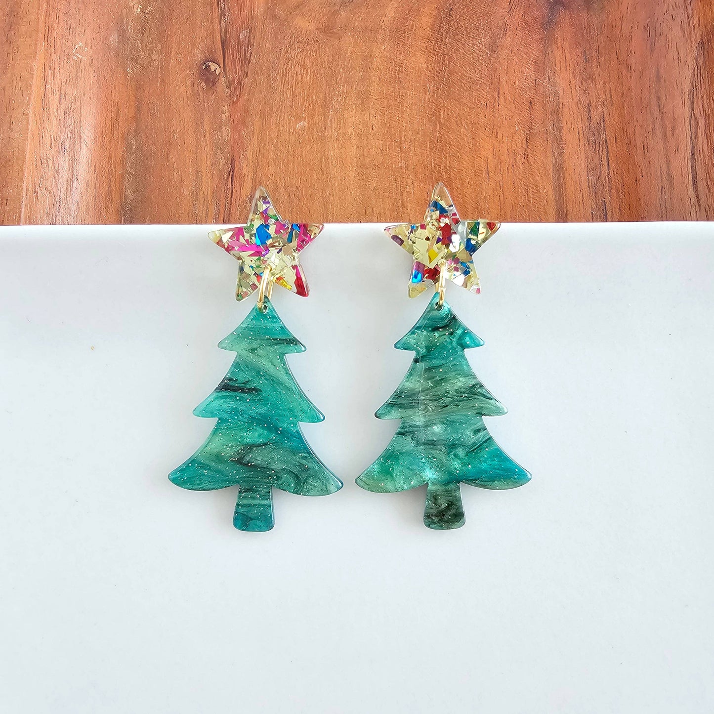 Star Christmas Tree Earrings - Green Shimmer // Holiday, Jewelry