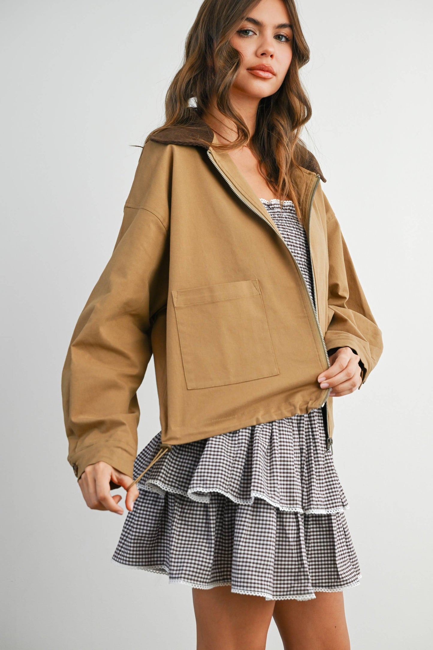 Collared Zip-Up Drawstring Jacket