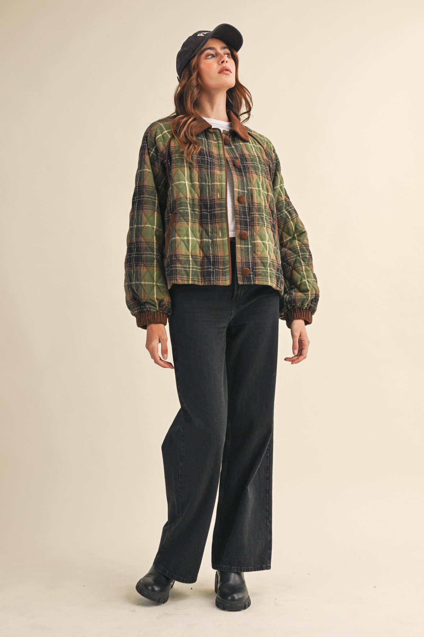 PLAID QUILTED JACKET WITH CONTRAST CORDUROY DETAIL MJK4115