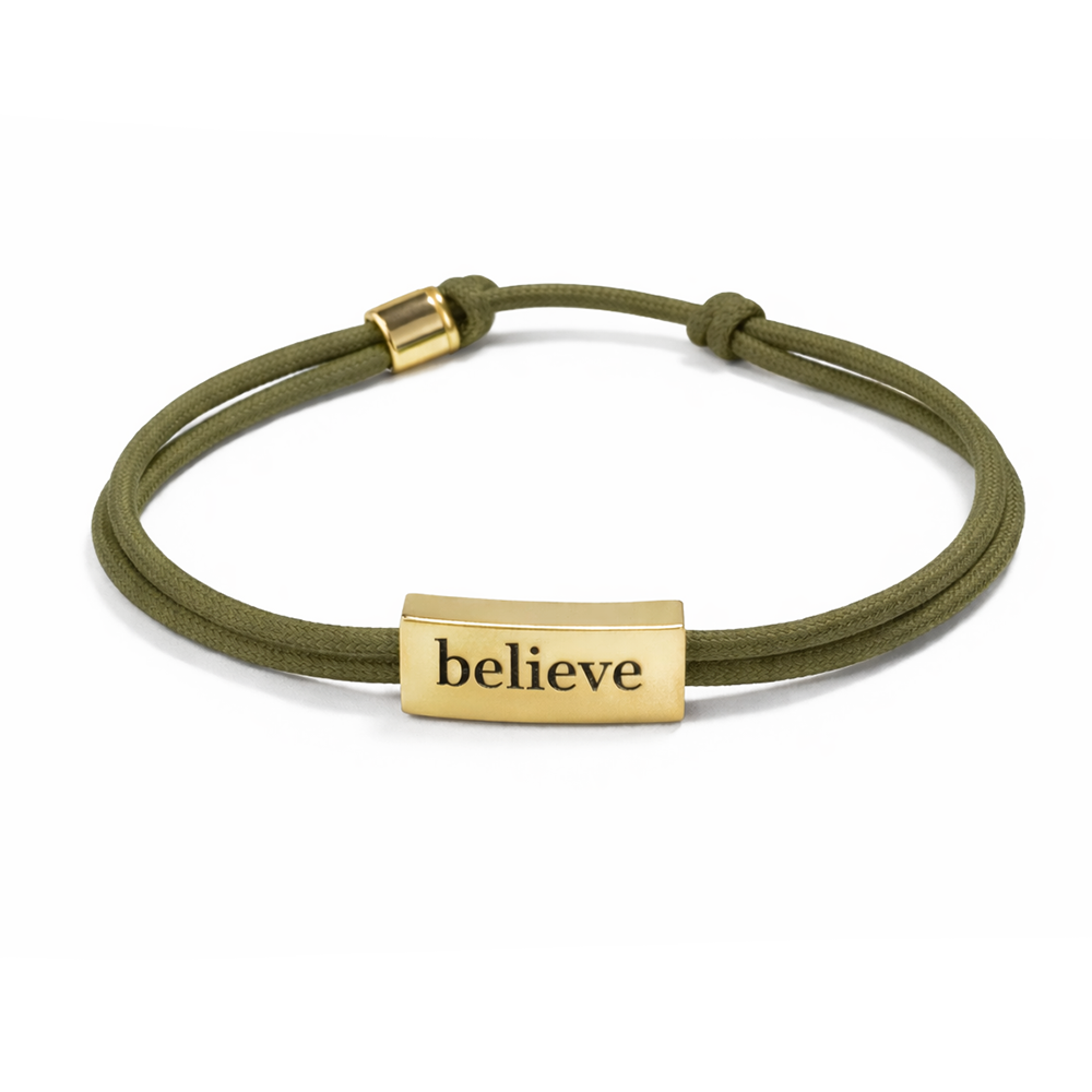 Sentiment Bracelet – Believe | Olive Green Cord