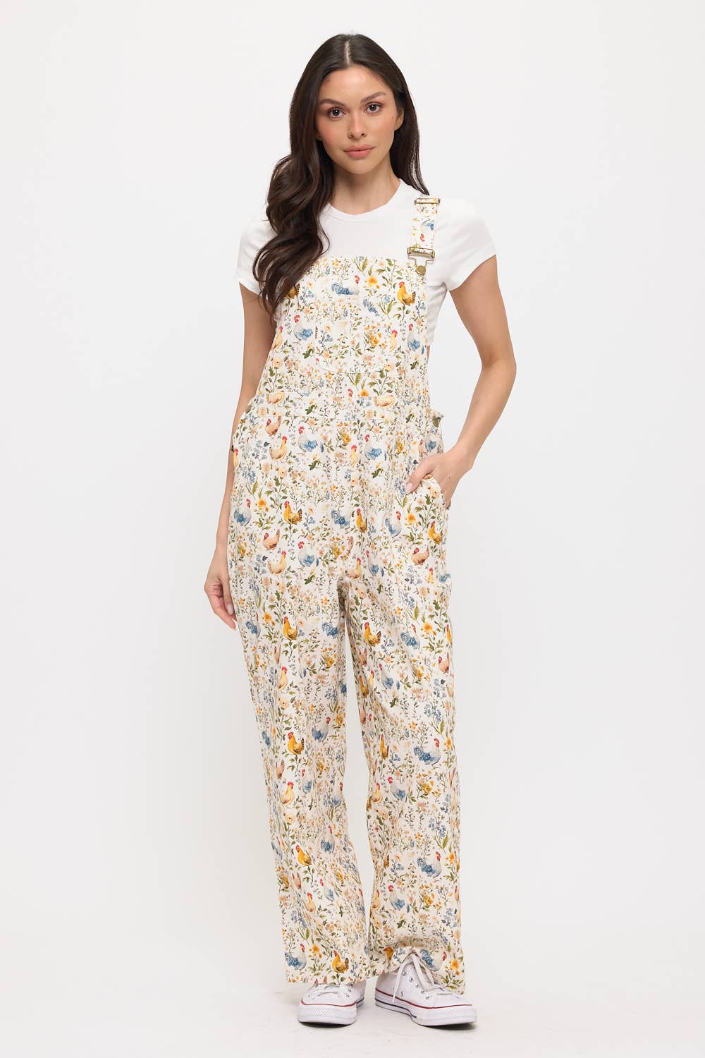 ROOSTER AND FLORAL PRINT OVERALLS