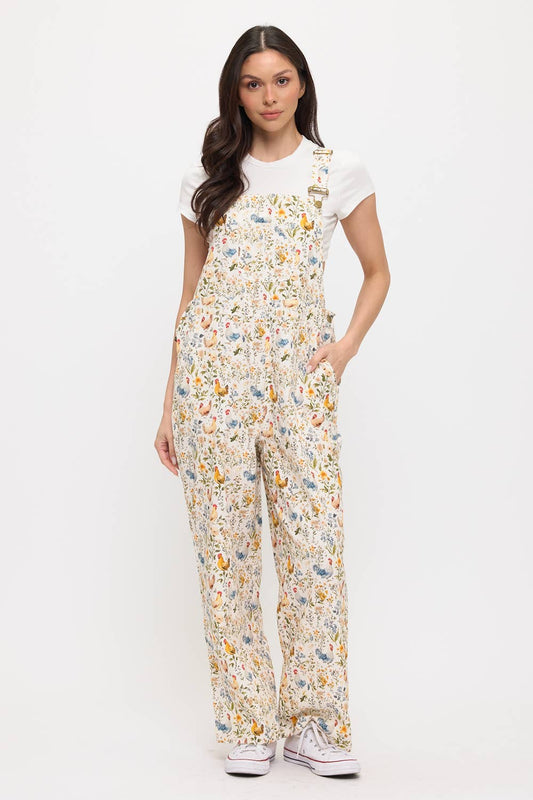 ROOSTER AND FLORAL PRINT OVERALLS