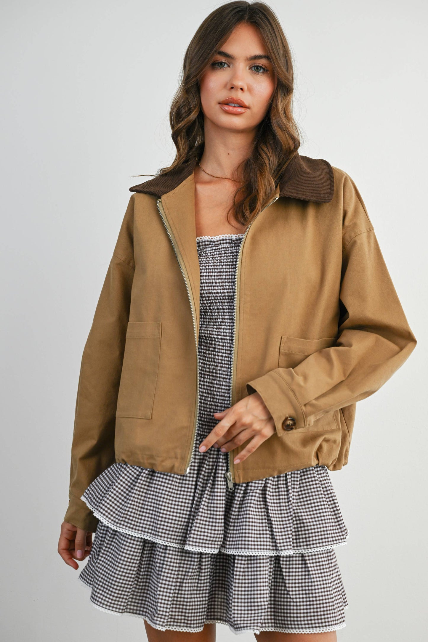 Collared Zip-Up Drawstring Jacket