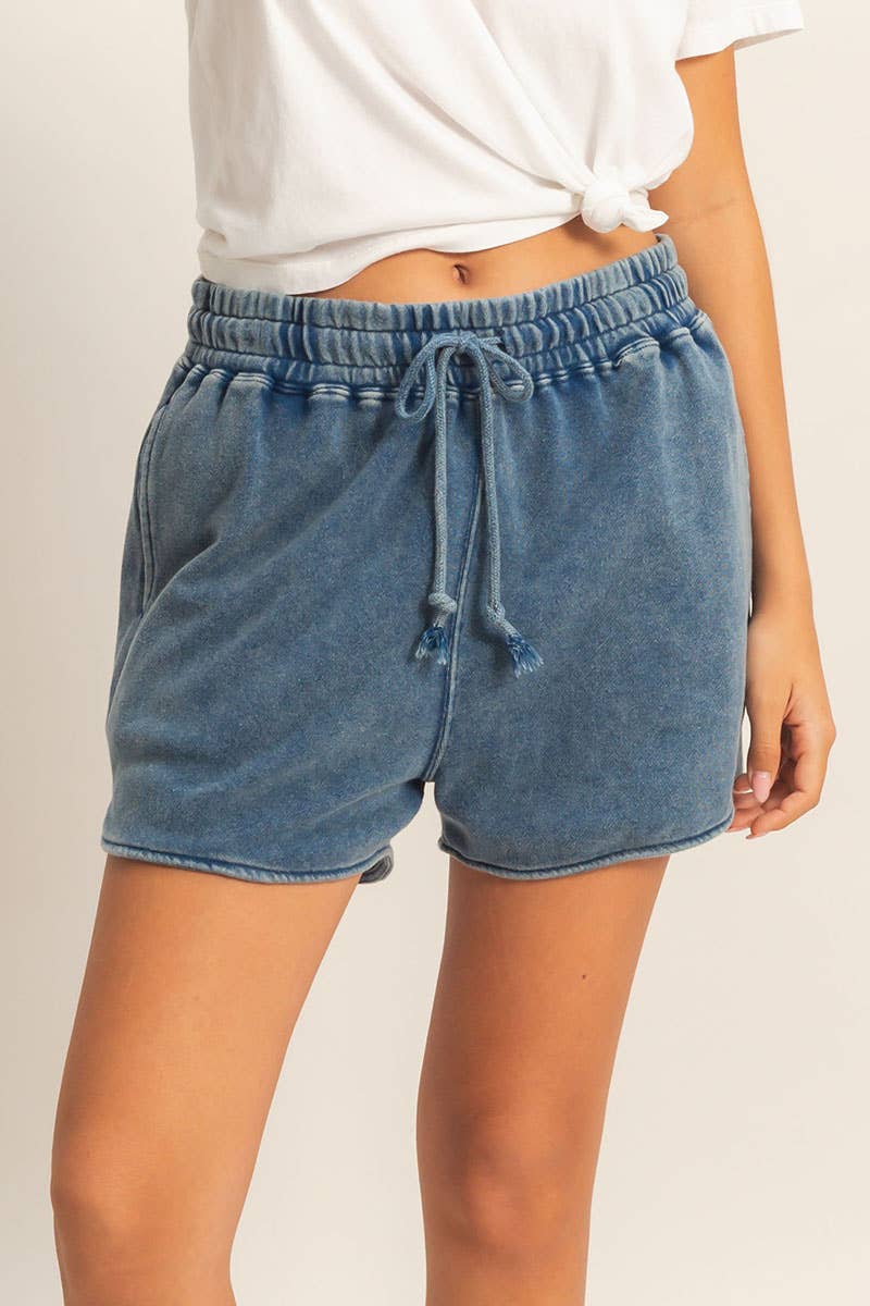 Acid Washed Elastic Waist Shorts